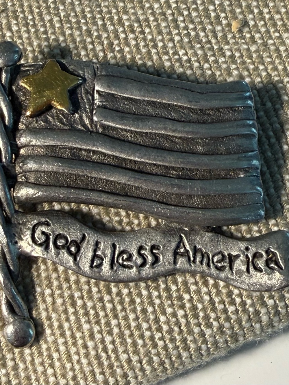 Vintage Patriotic 'God Bless America' Silver-Tone Flag Brooch with Gold Star.